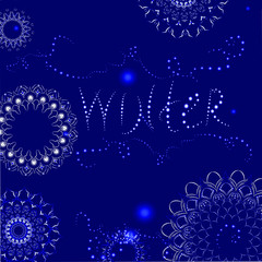  New year, garlands, snowflakes on a blue background. The inscription Winter, glow and lights. Card, congratulations, nice words.