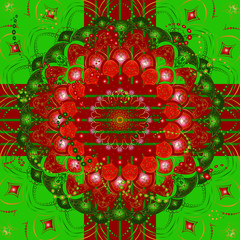 Christmas wreath, flower, lace mandala, New Year's bright festive colors - green, red and yellow. Card, congratulation, poster.