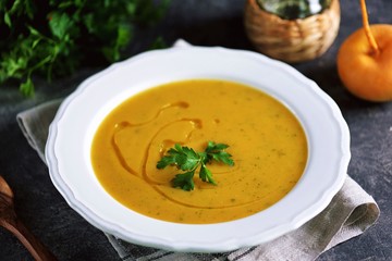 Cream soup of turnips and carrots. Healthy wholesome homemade food.