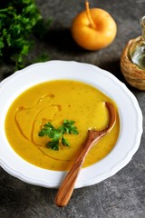 Cream soup of turnips and carrots. Healthy wholesome homemade food.