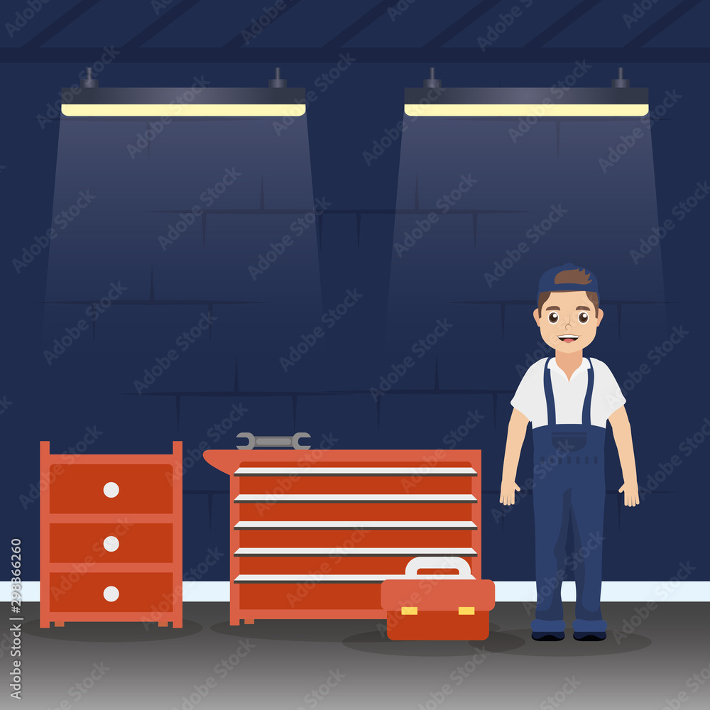 Poster man mechanic working in mechanical workshop
