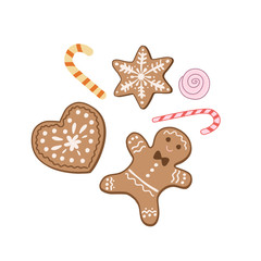 Set of Christmas sweets. Gingerbread cookies, gingerbread man, caramel canes. Vector color illustration.