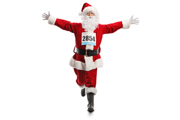 Santa Claus running with a race number an spreading arms