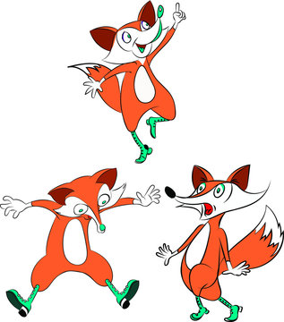  Fox, cute cartoon, orange, set.