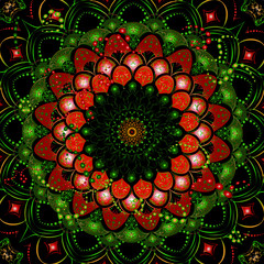 New year, garlands, Christmas tree decoration. Christmas wreath, flower, lace mandala, New Year's bright festive colors - green, red and yellow on a black background. Card, congratulation, poster. 