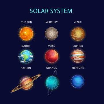 Vector illustration of Solar System with planets: The Sun, Mercury, Venus, Earth, Mars, Jupiter, Saturn, Uranus, Neptune.