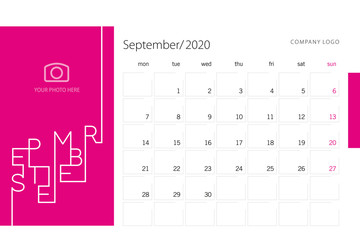 New Year 2020 Desk Calendar Planner September modern line design template pink background