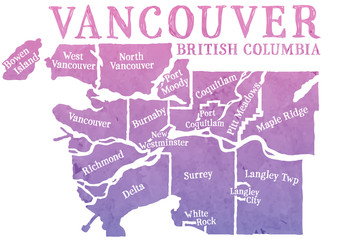 Stylized map of greater Vancouver, Canada, British Columbia. Decorative font for the municipalities. Watercolor texture in a pink to purple gradient. 