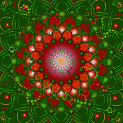 Christmas wreath, flower, lace mandala, New Year's bright festive colors - green, red and yellow. Card, congratulation, poster.