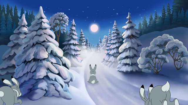 Christmas animated card with Santa Claus and hares with greeting text in French Joyeux No&euml;l! Original Full HD. 25 fps
