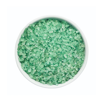 SPA Conept. Mint Bath Salt In Bowl, Isolated Over White Background With Clipping Path. Top View