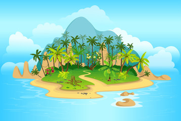 Cartoon tropical island with palm trees. mountains, blue ocean, flowers and vines. Vector illustration © NADEZHDA