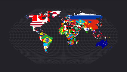 Map of the world with flags. Eckert V projection. Map of the world with meridians on dark background. Vector illustration.