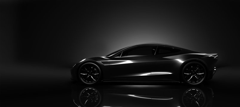 Sports car in dark studio environment  concept scene (3D Illustration)