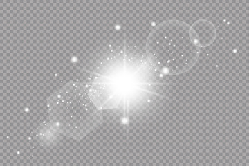 White glowing light explodes on a transparent background. with ray. Transparent shining sun, bright flash. lens flare light effect