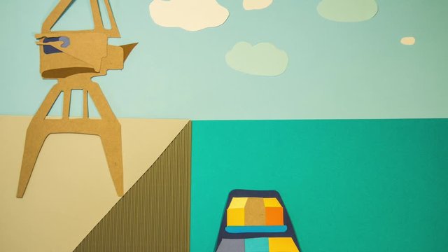 Port harbour ship containers worldwide crane unloads cargo export dock stop motion animation animated cartoon paper art craft for your brand logo branding advertisement template background sea clouds
