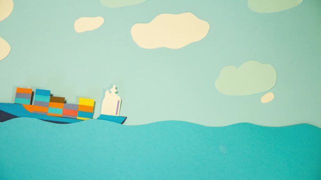 Cargo ship with containers worldwide crane unloads export dock stop motion animation animated cartoon paper art craft for your brand logo branding advertisement template background sea