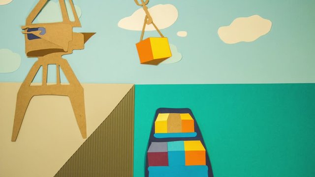 Port harbour ship with containers worldwide crane unloads cargo export dock stop motion animation animated cartoon paper art craft for your brand logo branding advertisement template background sea