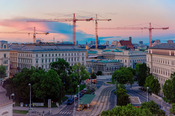 Fototapeta na wymiar Skyline and cityscape on Museumstrasse in Vienna sunset