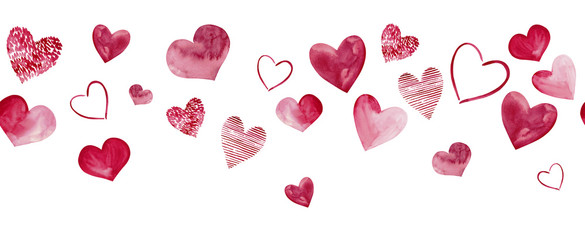 Seamless watercolor header with pink hearts on white background. Valentine's day border. Hand-drawn illustration.