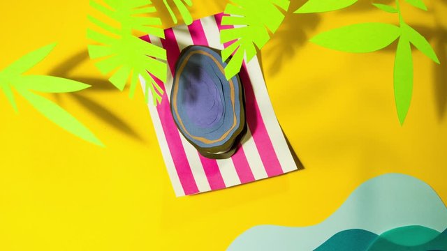 Mussel shell on the beach deck chair lounge palms sea ocean waves turtle stop motion animation cartoon animated for your brand logo background template frame colorful yellow sand tropics sun vacation