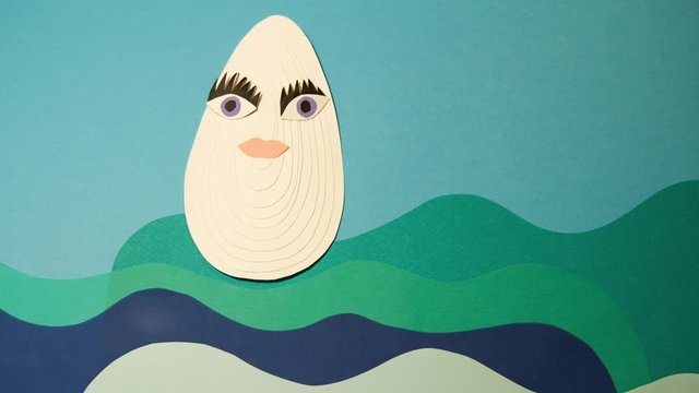 Mussel shell under water bottle waves stop motion animation paper art craft handmade cartoon for your brand logo bottle message in the bottle background for your logo brand fun