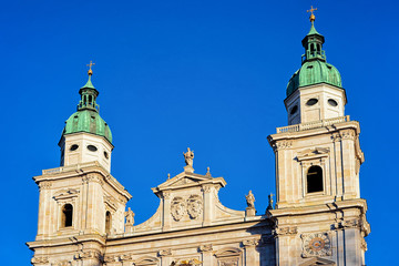 Fototapeta na wymiar Facade of Salzburger Dom Salzburg Cathedral in Austria