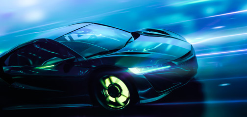 Obraz na płótnie Canvas Futuristic high speed sports car in motion with technology lights background (3D Illustration)