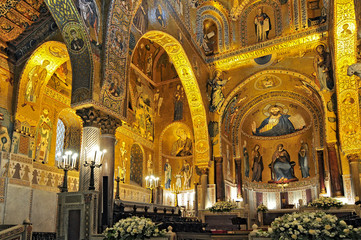 Golden mosaic in La Martorana church in Palermo Italy. - 298371886
