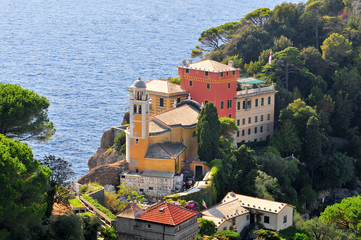 View of San Giorgio church over looking Ligurian Sea, Portofino, Italy.