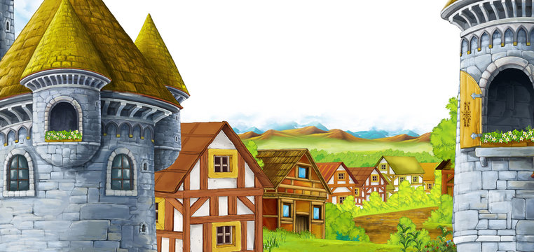 cartoon scene with kingdom castle and mountains valley near the forest and farm village settlement with frame for text illustration for children