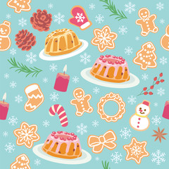 Seamless background with Christmas pastry. Vector pattern.