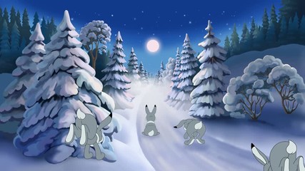 Christmas animated card with Santa Claus and hares with greeting text in german Frohe Weihnachten. 4K. 29.97 fps - Powered by Adobe