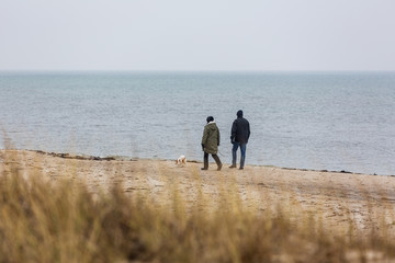 A couple with a dog is walking on a beach on a cold winter day © Björn Kristersson
