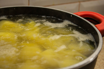 boiled potato with greenery, kitchen items, organic food