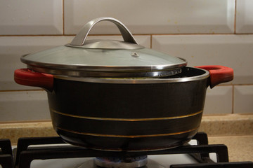 pan of boiled water, kitchen items, organic food
