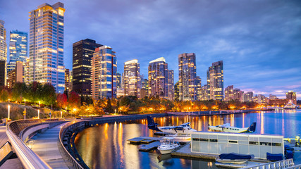 Vancouver, British Columbia, Canada. Night skyline of Vancouver downtown. - obrazy, fototapety, plakaty