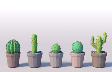 3d rendering low polygon minimal style of 5 type of cactus in plant pot on white background
