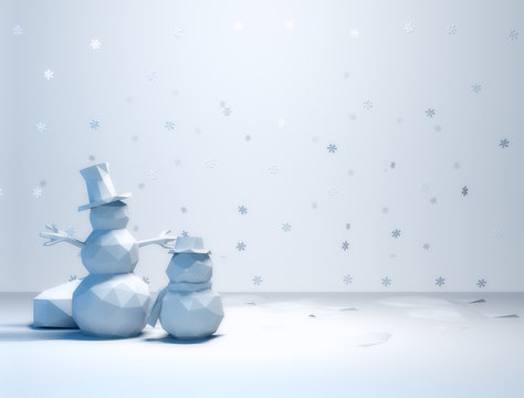 3D rendering low polygon of 2 snowman in white color remind to season of winter