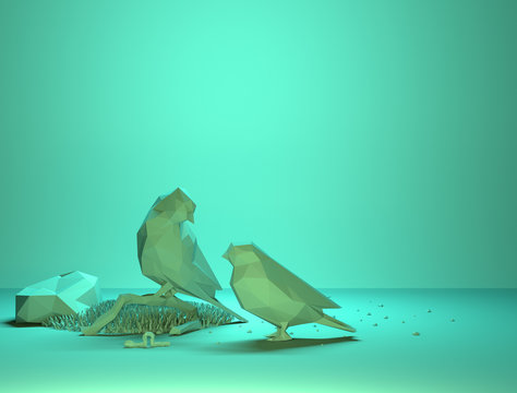 3D rendering low polygon of 2 birds with a worm in bright green color remind to season of spring