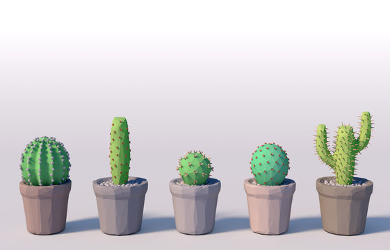 3d rendering low polygon minimal style of 5 type of cactus in plant pot on white background