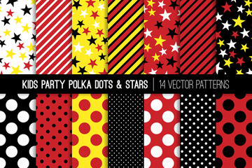 Yellow, Red, Black and White Polka Dots, Stars and Stripes Vector Seamless Patterns. Kids Party Backgrounds. Children Birthday Invitation Backdrops. Repeating Pattern Tile Swatches Included. - 298375498