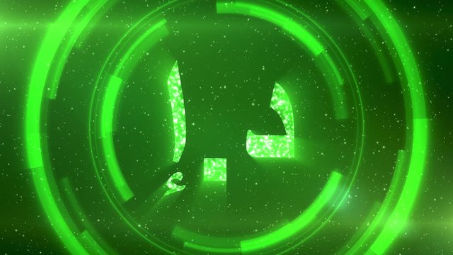 Green Emirati dirham currency symbol centered on a starscape background with HUD elements. Seamlessly loopable animation.