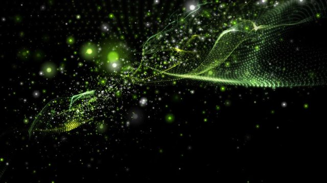 Futuristic eco animation with wave object and flickering particles in slow motion, 4096x2304 loop 4K
