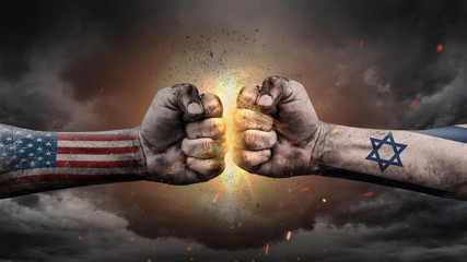 USA vs Israel. Fists with flags. Battle of two countries on sky.