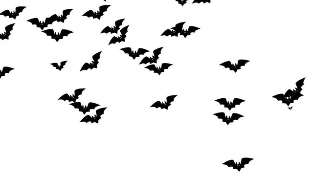 Swarm of Spooky Halloween Flat style Bats flying across white background.