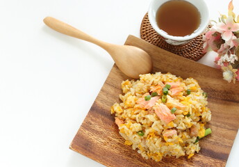 Chinese food, salmon and green pea fried rice