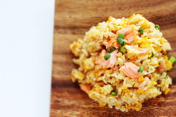 Chinese food, salmon and green pea fried rice