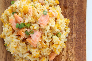 Chinese food, salmon and green pea fried rice