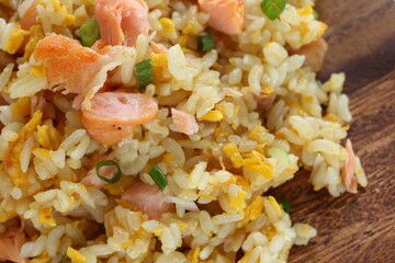 Chinese food, salmon and green pea fried rice
